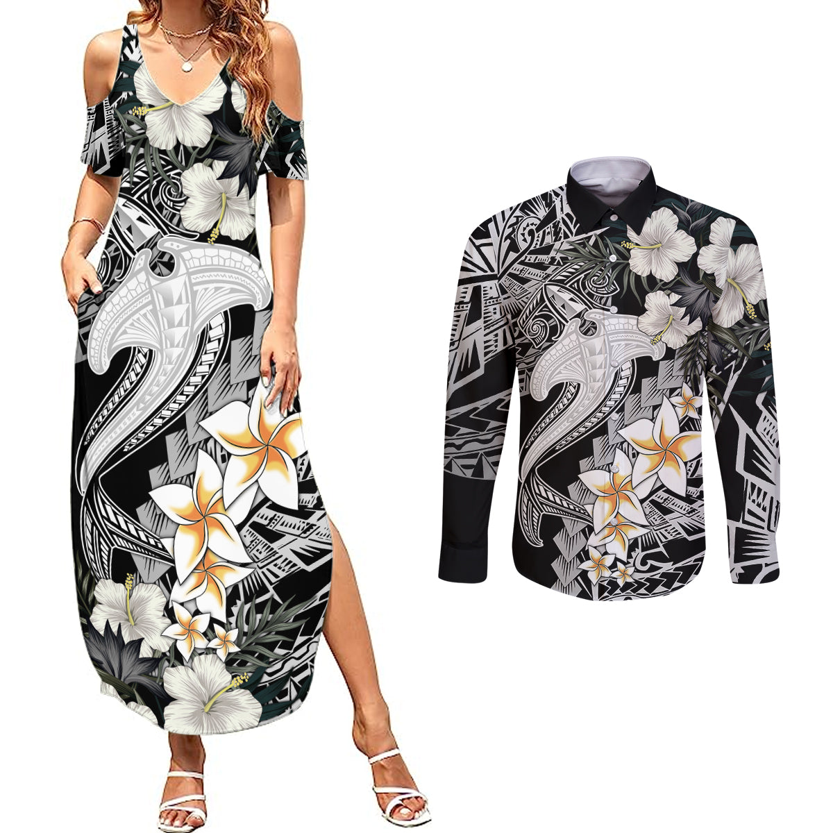 Aloha Hawaii Couples Matching Summer Maxi Dress and Long Sleeve Button Shirts Hammerhead Shark Tattoo Polynesian Summer - White LT9 White - Polynesian Pride