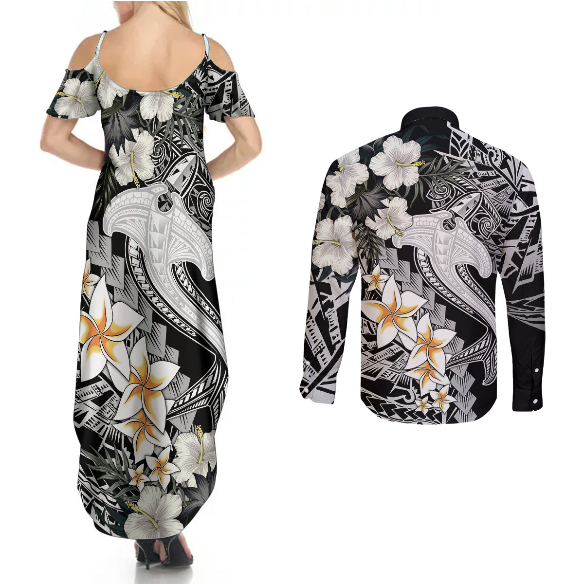 Aloha Hawaii Couples Matching Summer Maxi Dress and Long Sleeve Button Shirts Hammerhead Shark Tattoo Polynesian Summer - White LT9 - Polynesian Pride