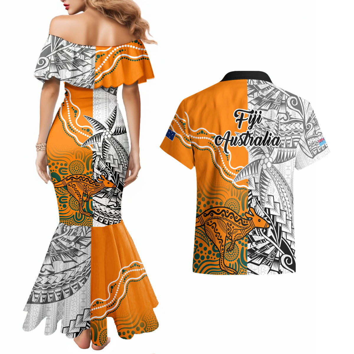 fiji-australia-rugby-couples-matching-mermaid-dress-and-hawaiian-shirt-world-cup-2023-polynesia-tapa-mixed-indigenous-aboriginal