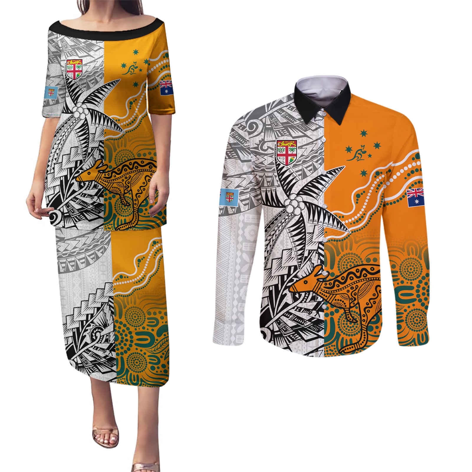 fiji-australia-rugby-couples-matching-puletasi-dress-and-long-sleeve-button-shirts-world-cup-2023-polynesia-tapa-mixed-indigenous-aboriginal