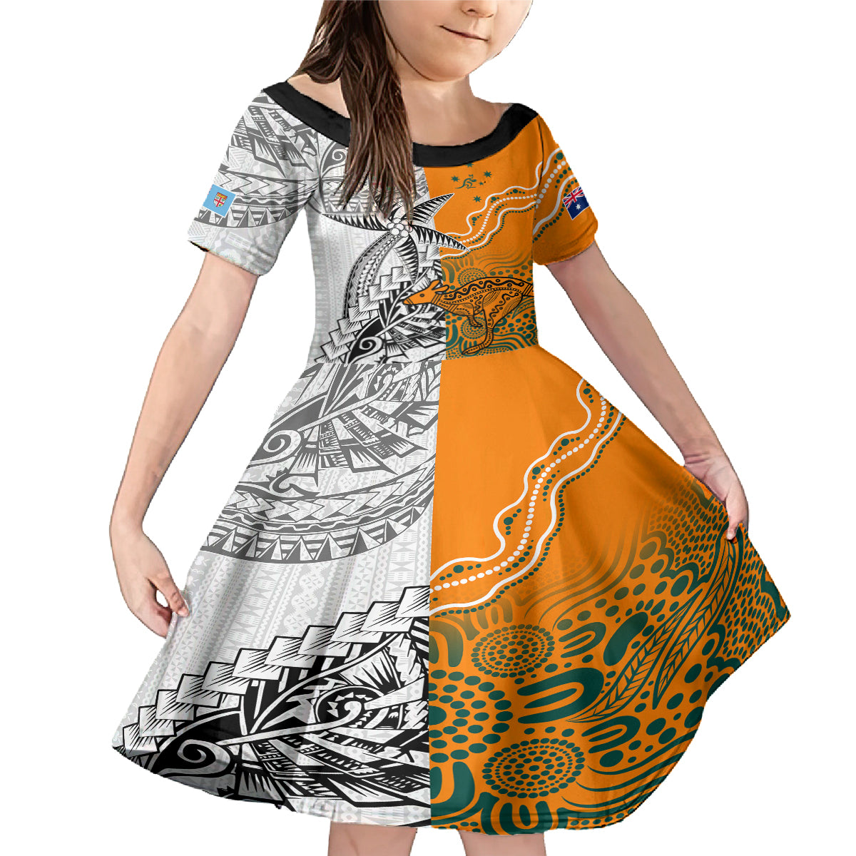 Fiji Australia Rugby Family Matching Mermaid Dress and Hawaiian Shirt World Cup 2023 Polynesia Tapa Mixed Indigenous Aboriginal LT9 Daughter's Dress Gold - Polynesian Pride