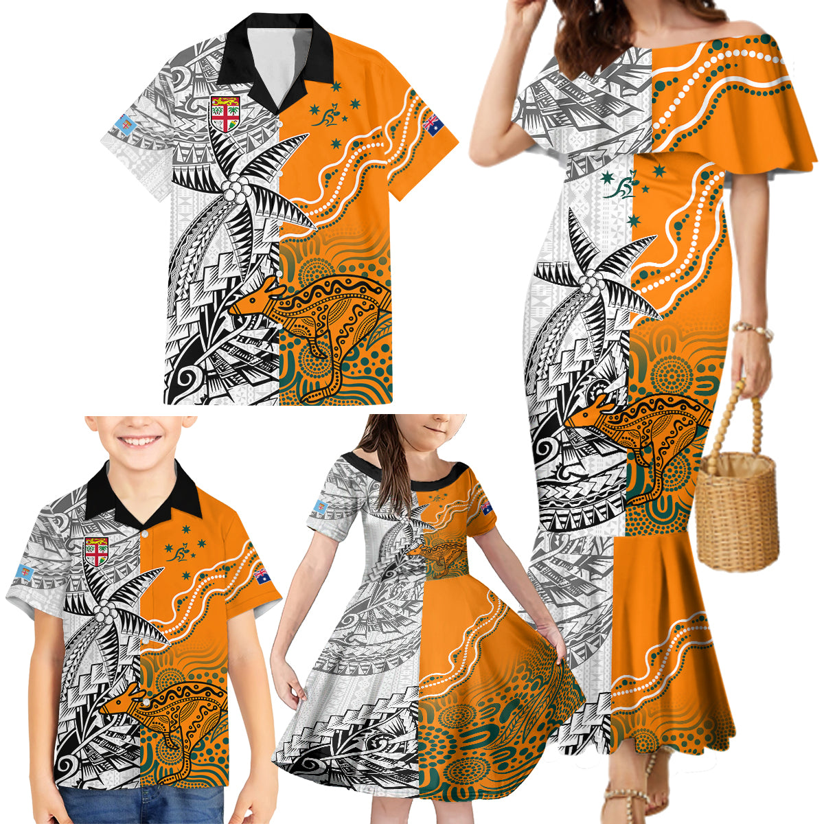 Fiji Australia Rugby Family Matching Mermaid Dress and Hawaiian Shirt World Cup 2023 Polynesia Tapa Mixed Indigenous Aboriginal LT9 - Polynesian Pride