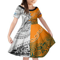Fiji Australia Rugby Family Matching Tank Maxi Dress and Hawaiian Shirt World Cup 2023 Polynesia Tapa Mixed Indigenous Aboriginal LT9 Daughter's Dress Gold - Polynesian Pride