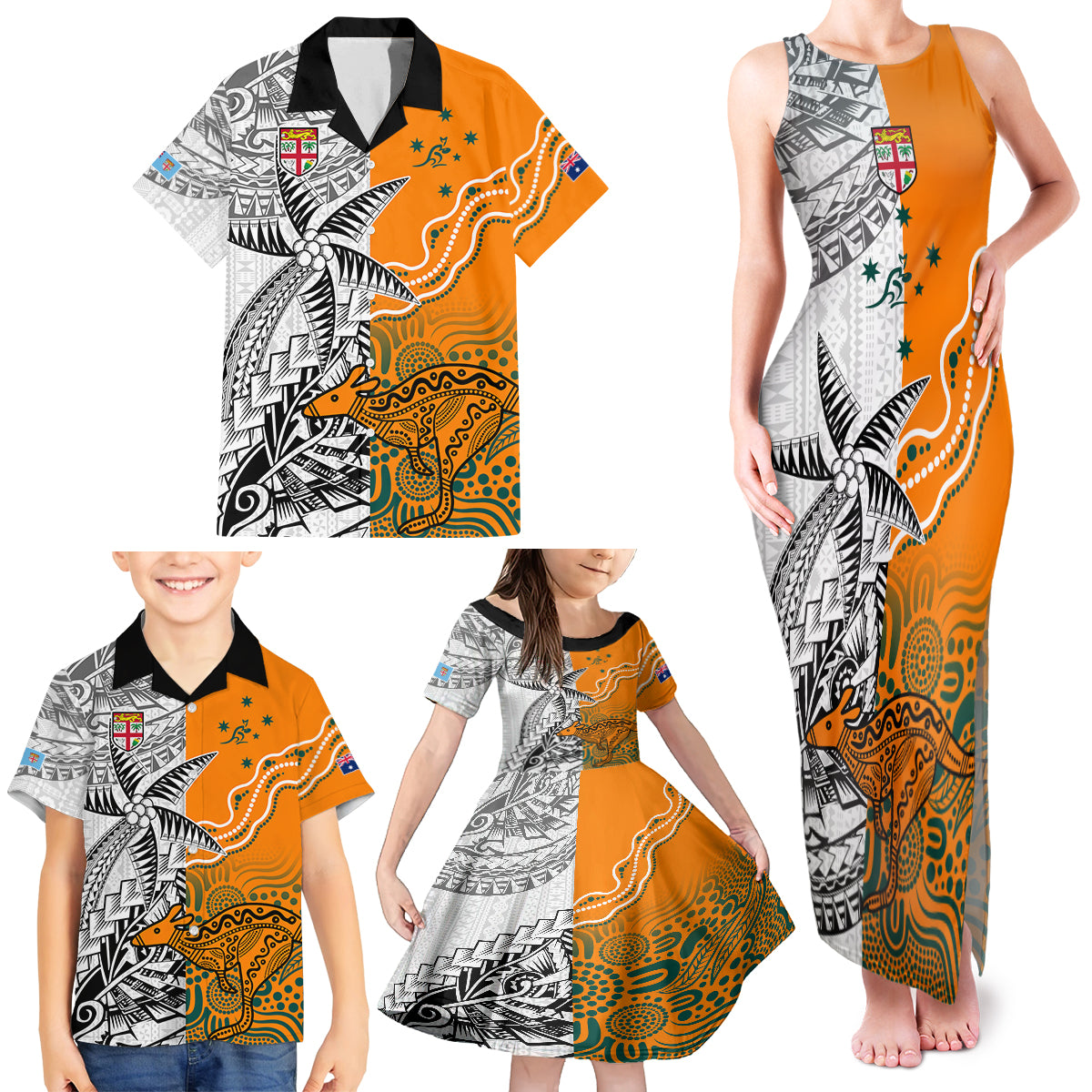 Fiji Australia Rugby Family Matching Tank Maxi Dress and Hawaiian Shirt World Cup 2023 Polynesia Tapa Mixed Indigenous Aboriginal LT9 - Polynesian Pride