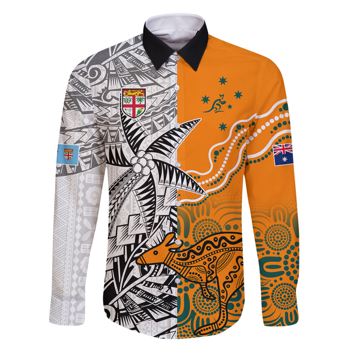 Fiji Australia Rugby Family Matching Tank Maxi Dress and Hawaiian Shirt World Cup 2023 Polynesia Tapa Mixed Indigenous Aboriginal LT9 Dad's Shirt - Long Sleeve Gold - Polynesian Pride
