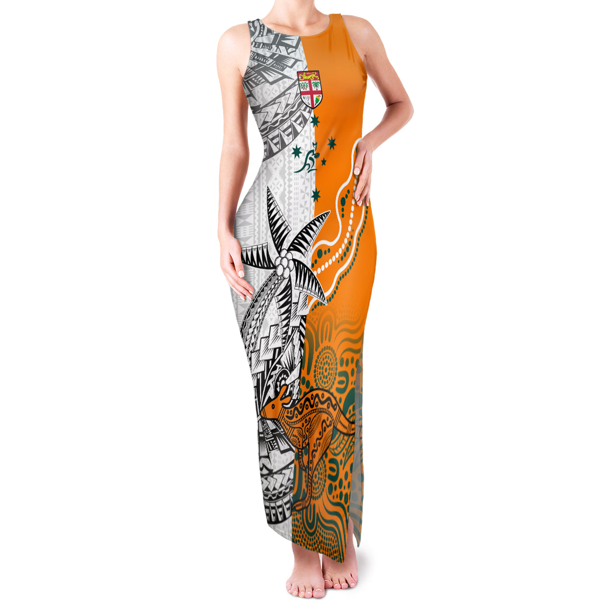 Fiji Australia Rugby Family Matching Tank Maxi Dress and Hawaiian Shirt World Cup 2023 Polynesia Tapa Mixed Indigenous Aboriginal LT9 Mom's Dress Gold - Polynesian Pride