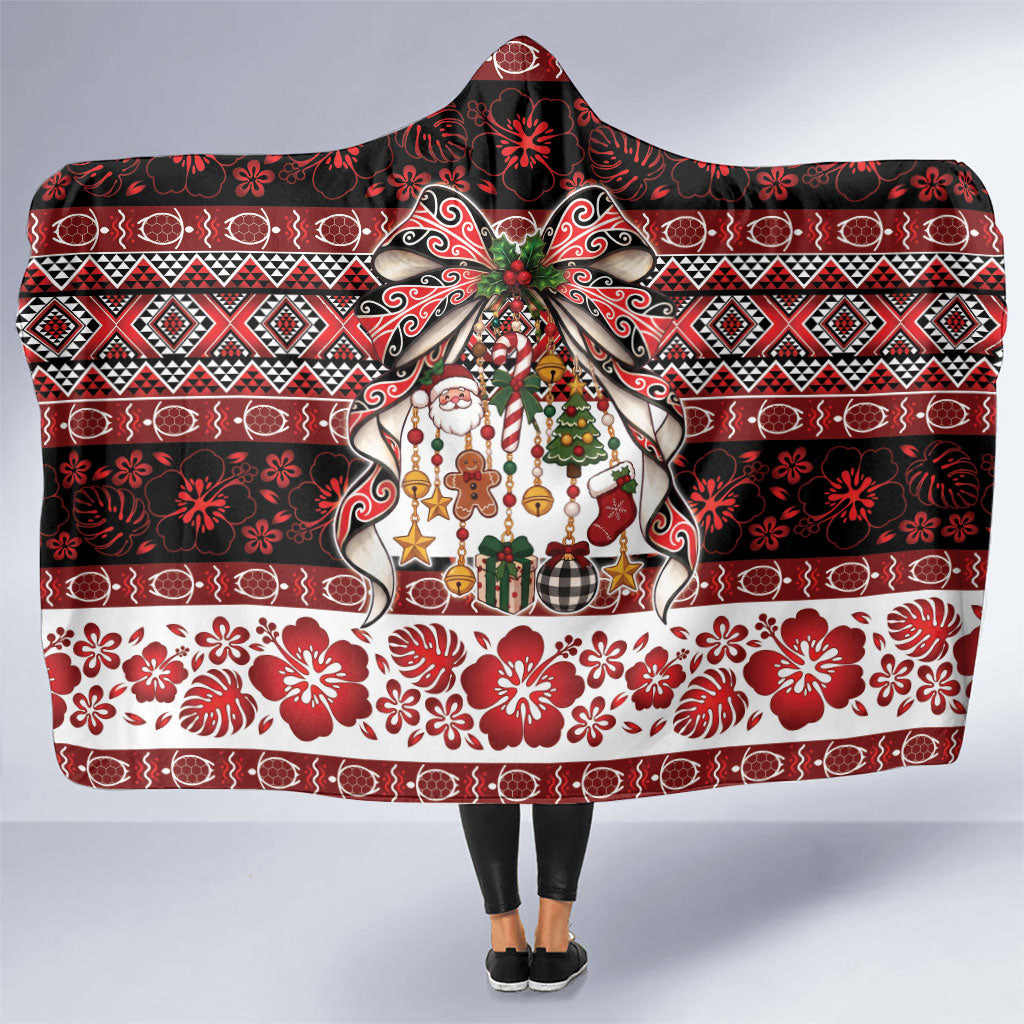New Zealand Kowhaiwhai Taniko Christmas Bow Hooded Blanket Meri Kirihimete LT9 One Size Red - Polynesian Pride