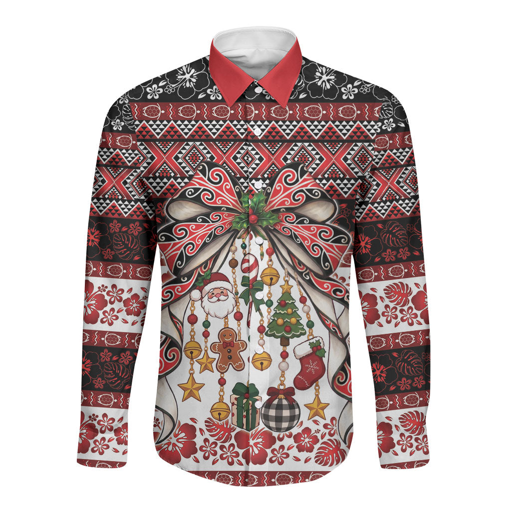 New Zealand Kowhaiwhai Taniko Christmas Bow Long Sleeve Button Shirt Meri Kirihimete LT9 Unisex Red - Polynesian Pride