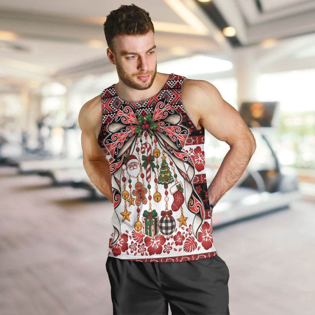 New Zealand Kowhaiwhai Taniko Christmas Bow Men Tank Top Meri Kirihimete LT9 Red - Polynesian Pride