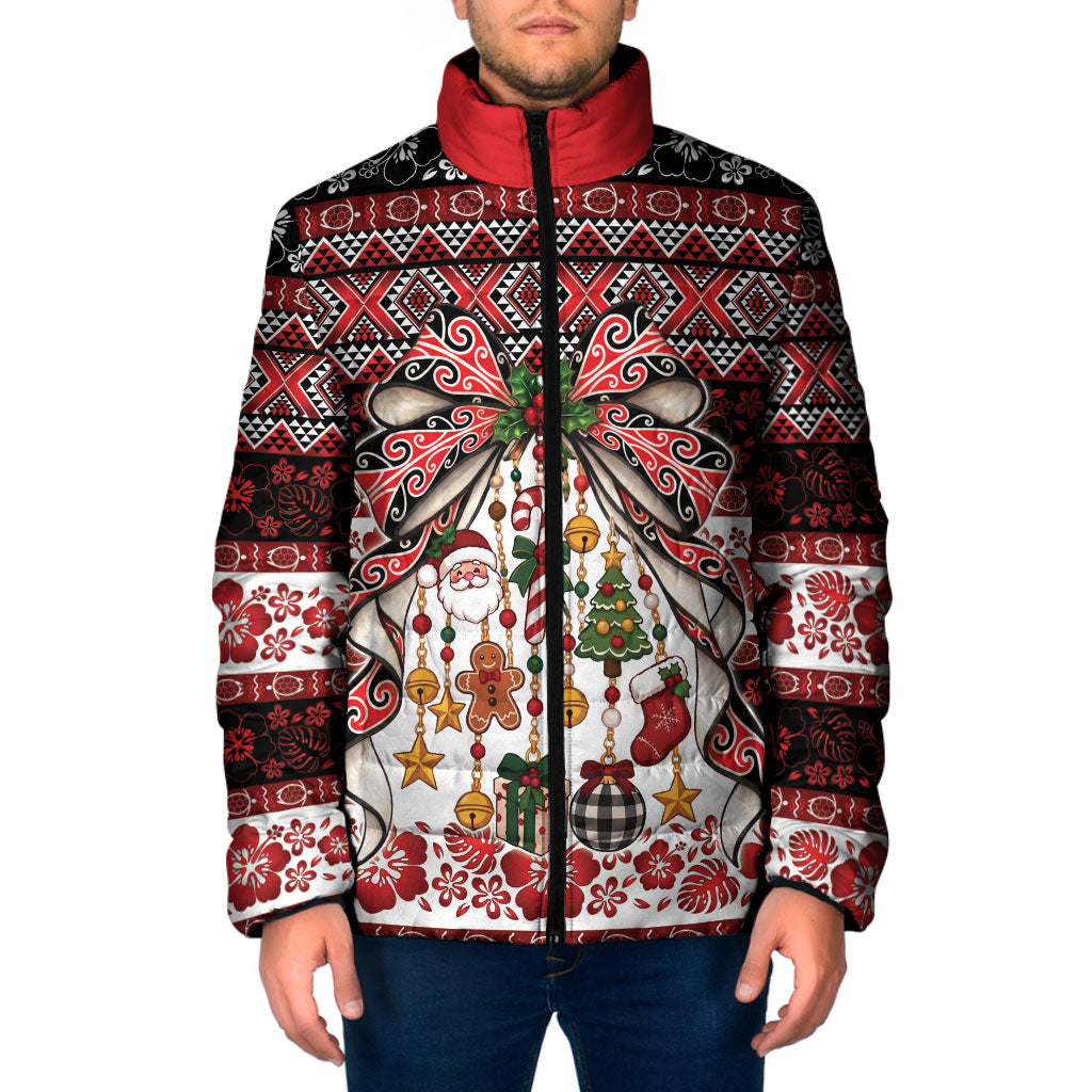 New Zealand Kowhaiwhai Taniko Christmas Bow Padded Jacket Meri Kirihimete