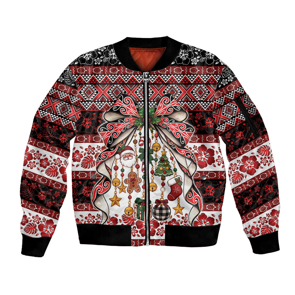 New Zealand Kowhaiwhai Taniko Christmas Bow Sleeve Zip Bomber Jacket Meri Kirihimete LT9 Unisex Red - Polynesian Pride