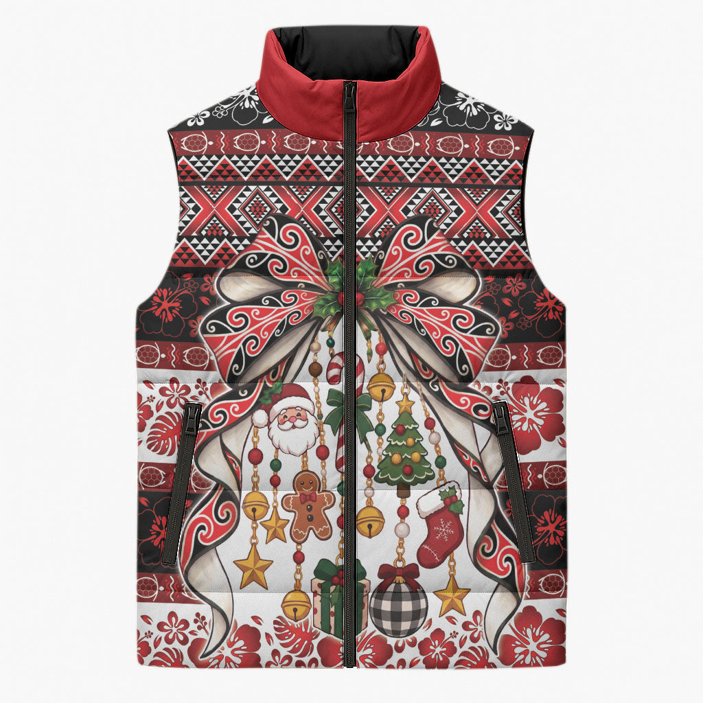 New Zealand Kowhaiwhai Taniko Christmas Bow Sleeveless Puffer Jacket Meri Kirihimete LT9 Unisex Red - Polynesian Pride