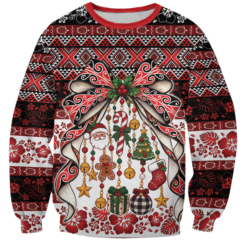 New Zealand Kowhaiwhai Taniko Christmas Bow Sweatshirt Meri Kirihimete LT9 Unisex Red - Polynesian Pride