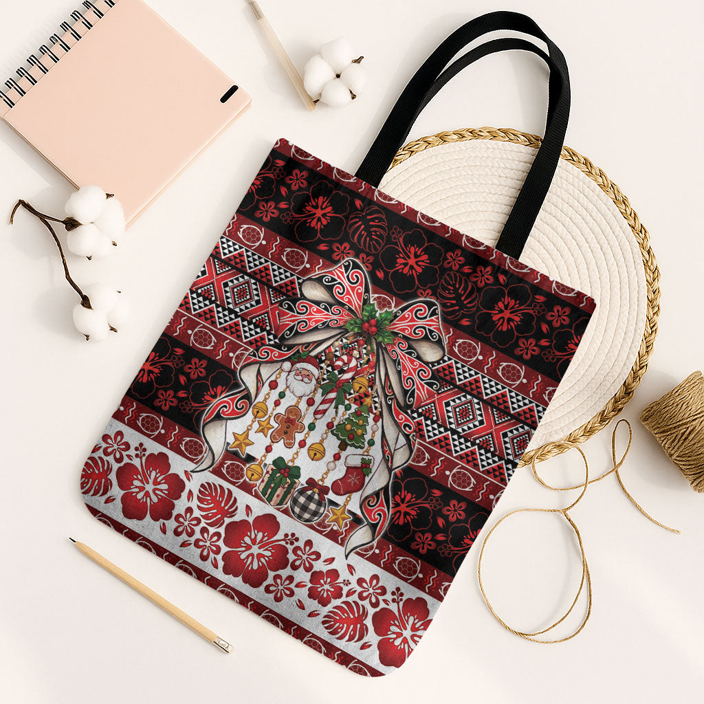 New Zealand Kowhaiwhai Taniko Christmas Bow Tote Bag Meri Kirihimete LT9 Black Strap One Size Red - Polynesian Pride