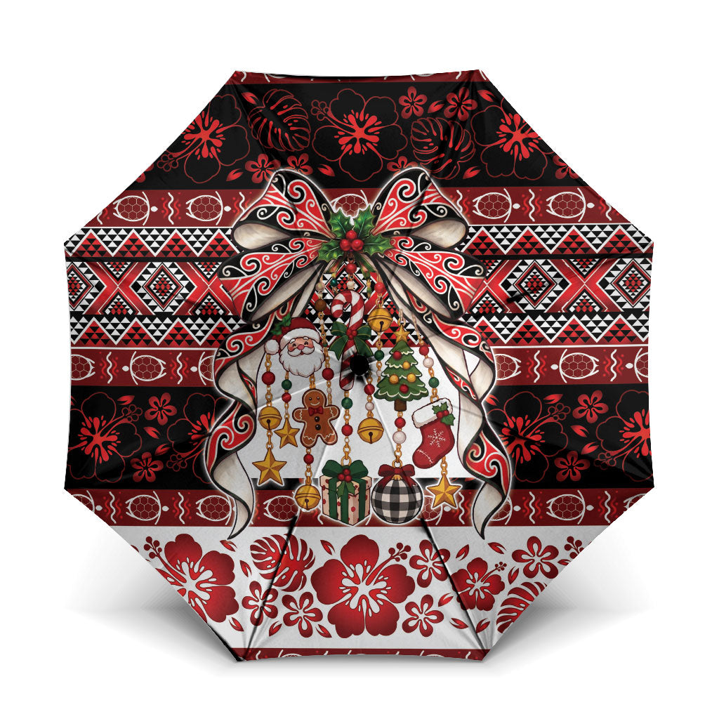 New Zealand Kowhaiwhai Taniko Christmas Bow Umbrella Meri Kirihimete LT9 One Size Folded 11.42 inch Opened Diameter 37.4 inch Red - Polynesian Pride