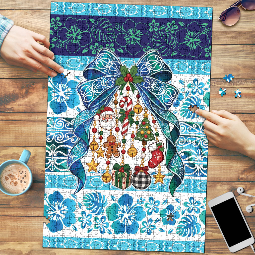 New Zealand Kowhai Ngutukaka Christmas Bow Puzzle Meri Kirihimete LT9 Turquoise - Polynesian Pride