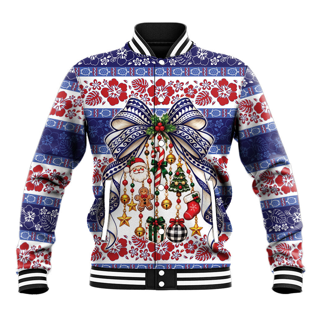 Samoa Tribal Christmas Bow Baseball Jacket Ia Manuia lava le Kerisimasi LT9 Unisex Blue - Polynesian Pride