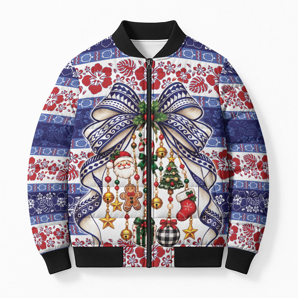 Samoa Tribal Christmas Bow Bomber Puffer Jacket Ia Manuia lava le Kerisimasi LT9 Unisex Blue - Polynesian Pride