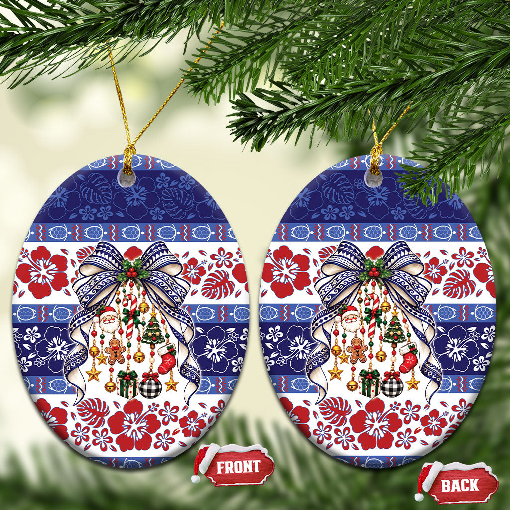 Samoa Tribal Christmas Bow Ceramic Ornament Ia Manuia lava le Kerisimasi LT9 Oval Blue - Polynesian Pride