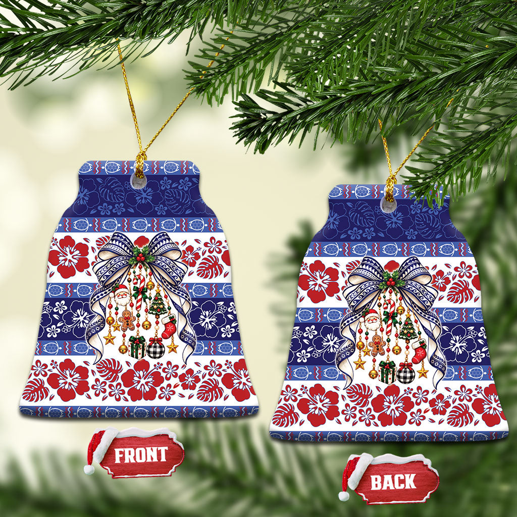 Samoa Tribal Christmas Bow Ceramic Ornament Ia Manuia lava le Kerisimasi LT9 Bell Flake Blue - Polynesian Pride