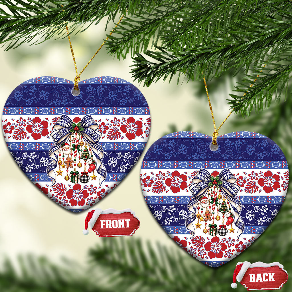 Samoa Tribal Christmas Bow Ceramic Ornament Ia Manuia lava le Kerisimasi LT9 Heart Blue - Polynesian Pride