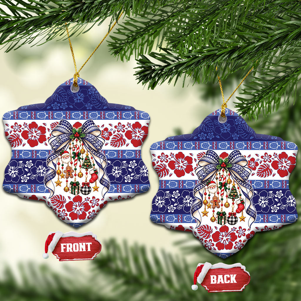 Samoa Tribal Christmas Bow Ceramic Ornament Ia Manuia lava le Kerisimasi LT9 Snow Flake Blue - Polynesian Pride