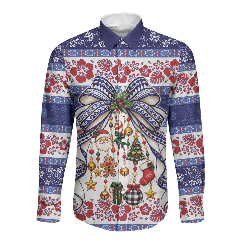 Samoa Tribal Christmas Bow Long Sleeve Button Shirt Ia Manuia lava le Kerisimasi LT9 Unisex Blue - Polynesian Pride