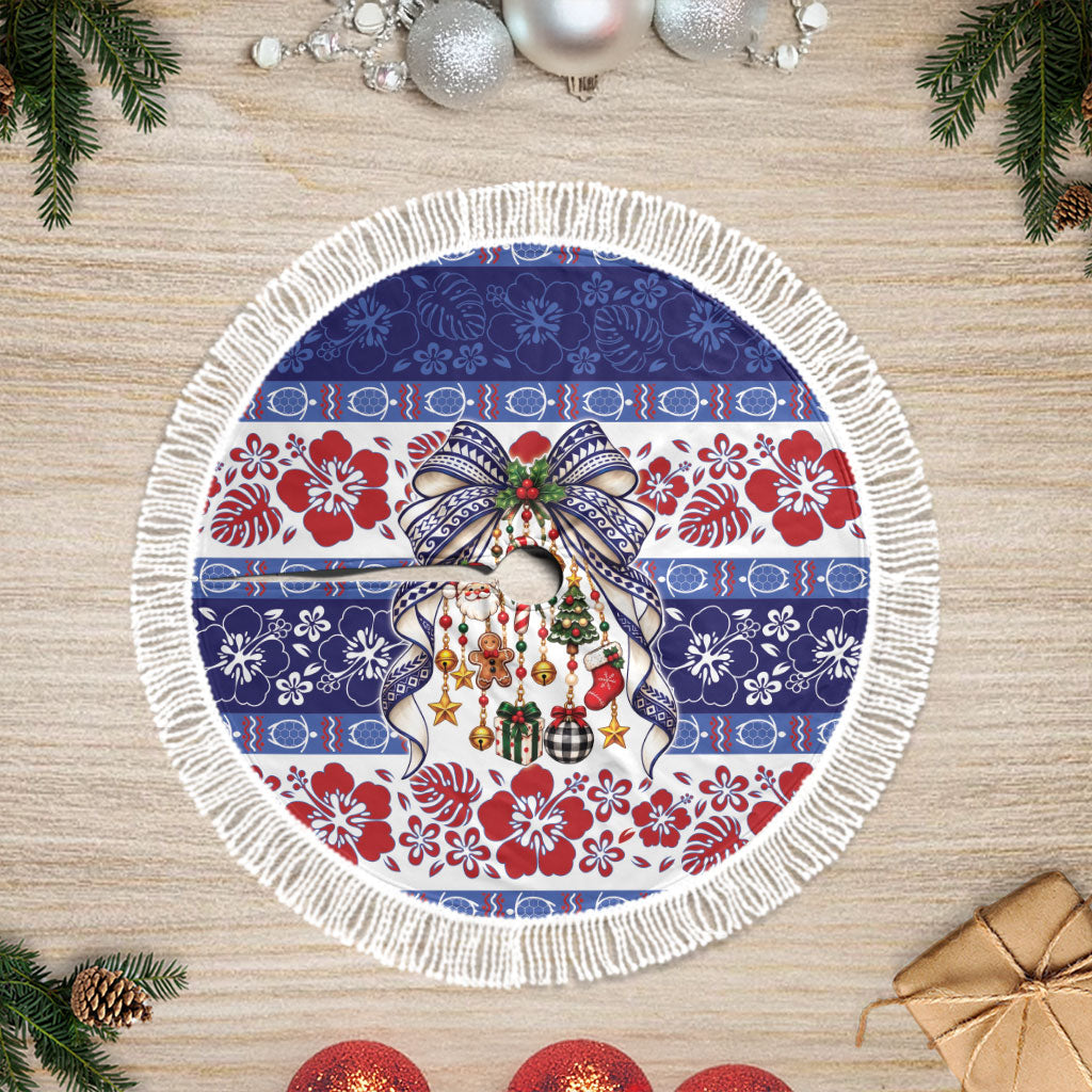 Samoa Tribal Christmas Bow Tree Skirt Ia Manuia lava le Kerisimasi LT9 Fringed Blue - Polynesian Pride