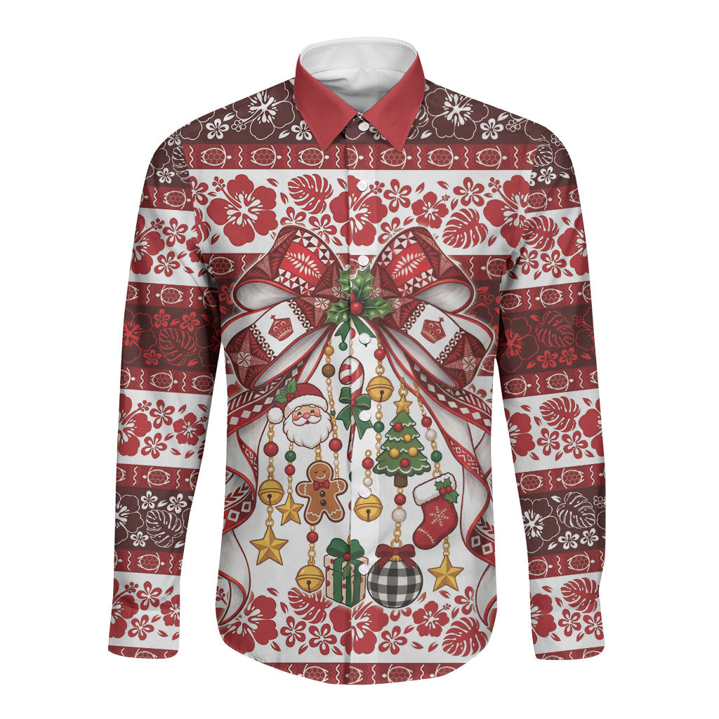 Tonga Ngatu Christmas Bow Long Sleeve Button Shirt Kilisimasi Fiefia Red Style LT9 Unisex Gold - Polynesian Pride