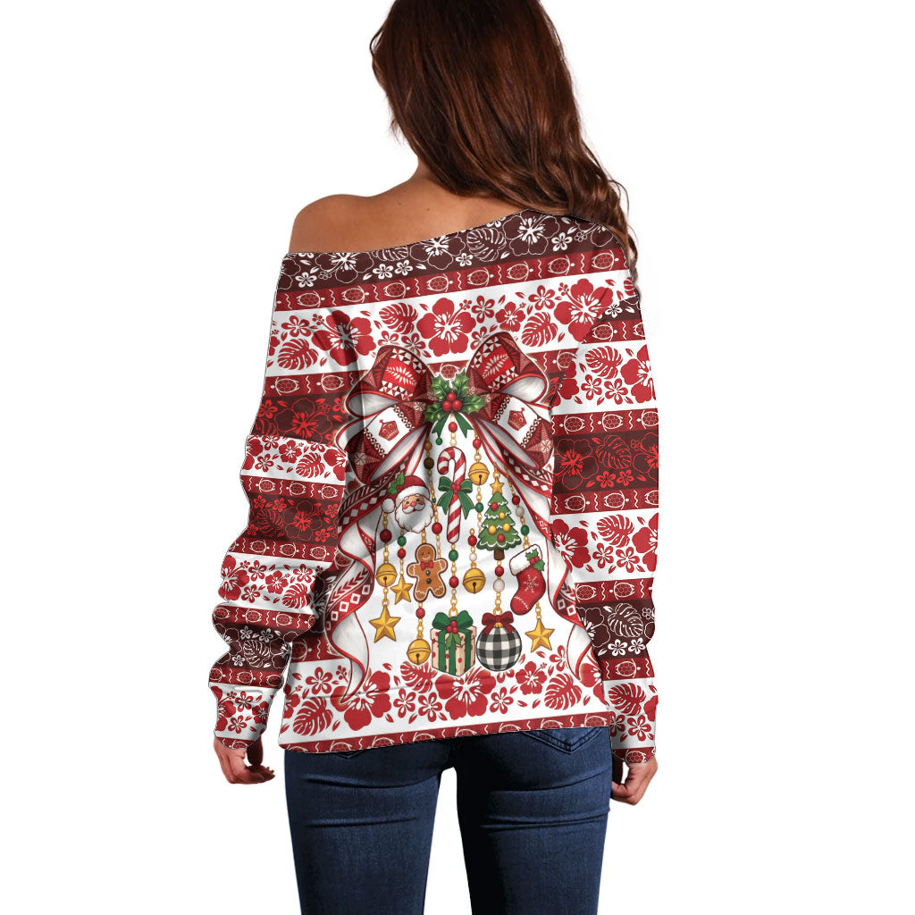 Tonga Ngatu Christmas Bow Off Shoulder Sweater Kilisimasi Fiefia Red Style LT9 - Polynesian Pride