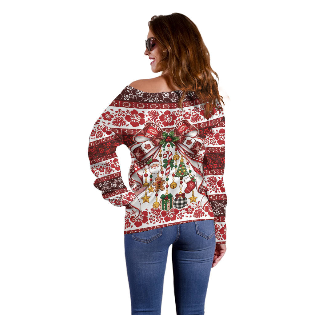 Tonga Ngatu Christmas Bow Off Shoulder Sweater Kilisimasi Fiefia Red Style LT9 - Polynesian Pride