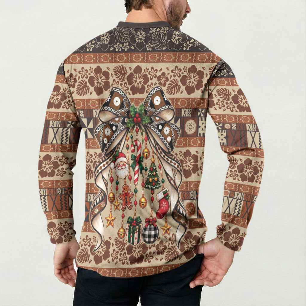 Fiji Masi Christmas Bow Button Sweatshirt Fijian Tribal inspired Christmas LT9 - Polynesian Pride