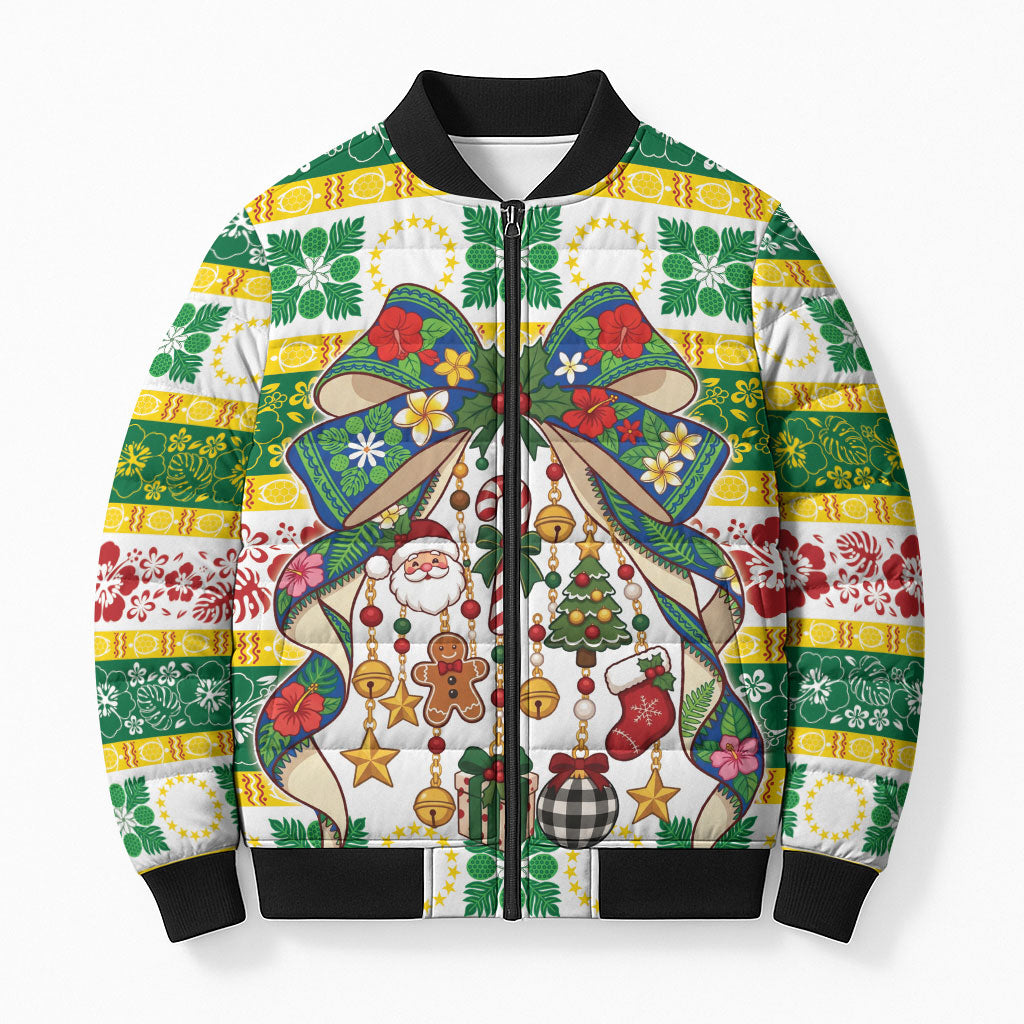 Cook Islands Tīvaevae Christmas Bow Bomber Puffer Jacket Mere Kiritimiti LT9 Unisex Multicolor - Polynesian Pride