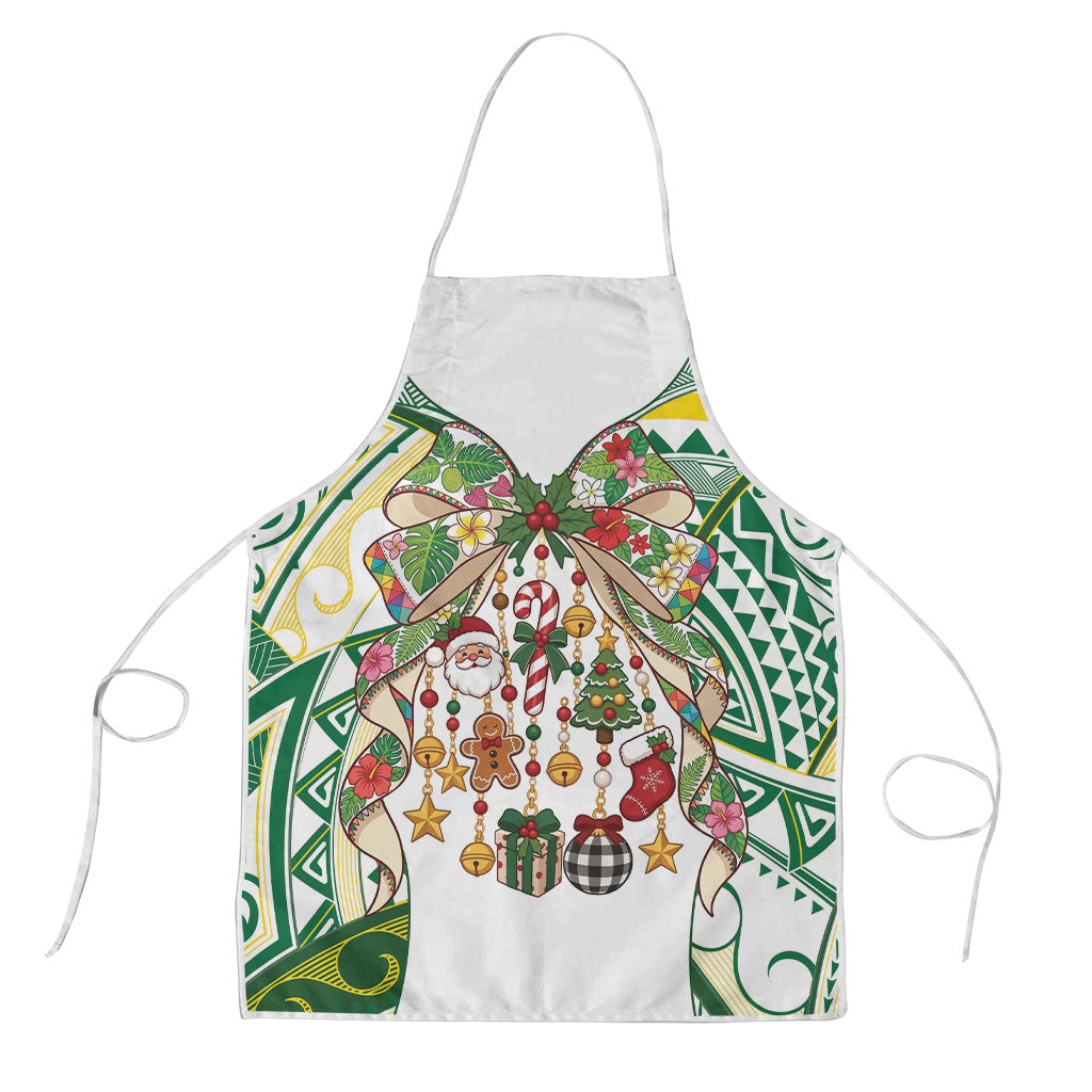 Cook Islands Tīvaevae Christmas Bow Apron Gold Green Kuki Tribal Pattern LT9 White - Polynesian Pride