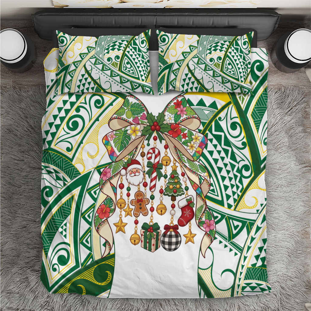 Cook Islands Tīvaevae Christmas Bow Bedding Set Gold Green Kuki Tribal Pattern LT9 White - Polynesian Pride