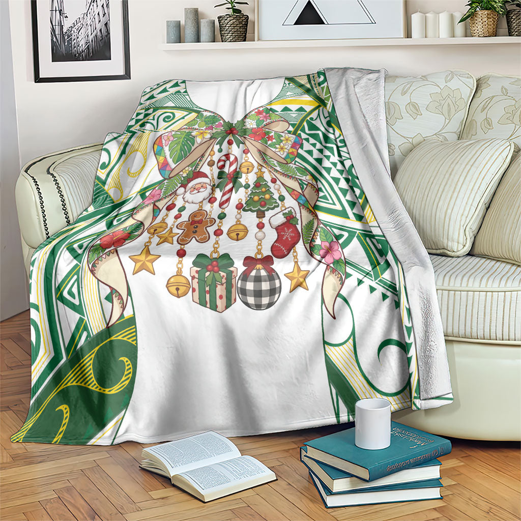 Cook Islands Tīvaevae Christmas Bow Blanket Gold Green Kuki Tribal Pattern LT9 White - Polynesian Pride