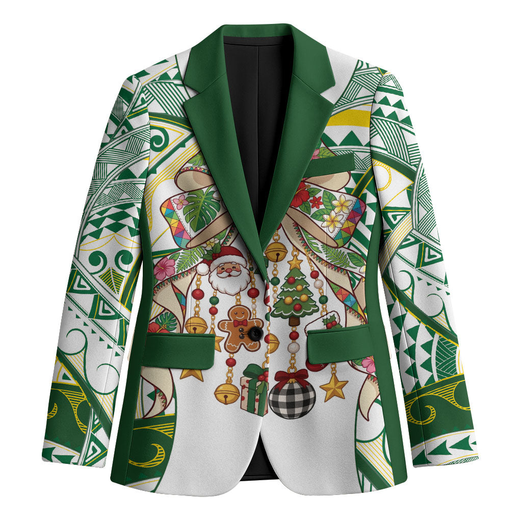 Cook Islands Tīvaevae Christmas Bow Blazer Gold Green Kuki Tribal Pattern LT9 Unisex White - Polynesian Pride