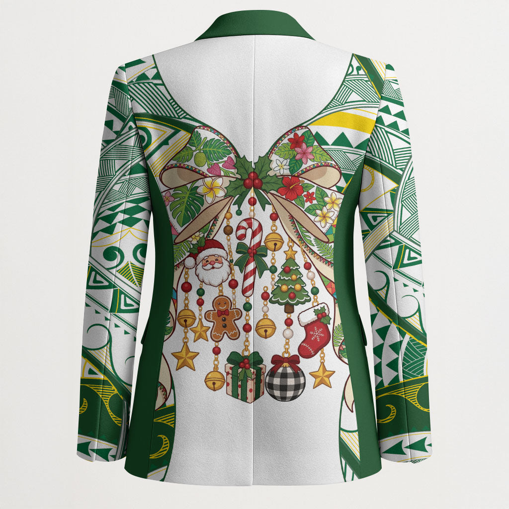 Cook Islands Tīvaevae Christmas Bow Blazer Gold Green Kuki Tribal Pattern LT9 - Polynesian Pride