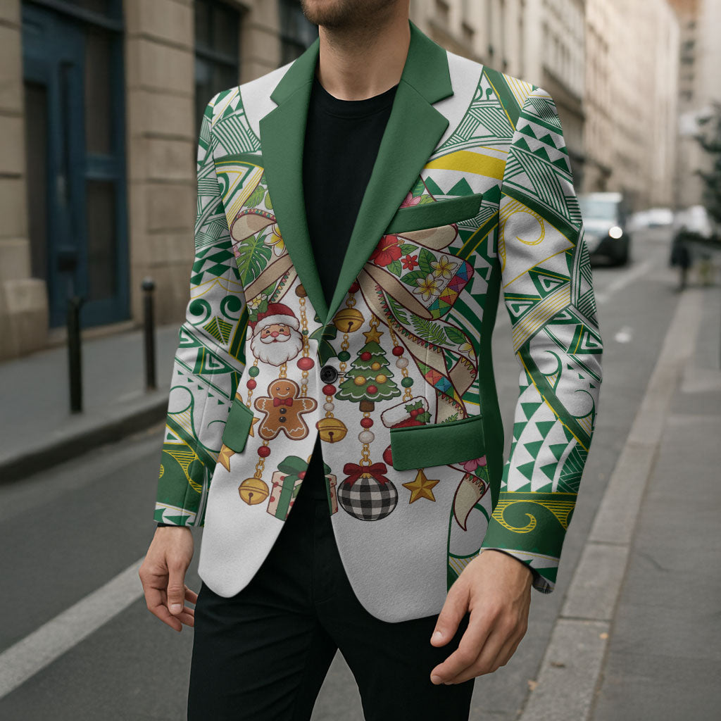 Cook Islands Tīvaevae Christmas Bow Blazer Gold Green Kuki Tribal Pattern LT9 - Polynesian Pride