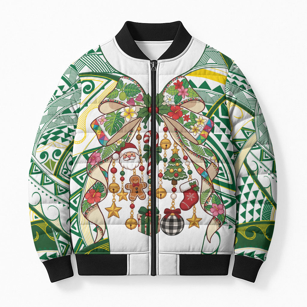 Cook Islands Tīvaevae Christmas Bow Bomber Puffer Jacket Gold Green Kuki Tribal Pattern LT9 Unisex White - Polynesian Pride