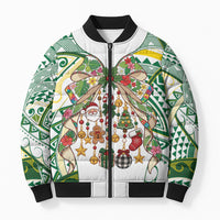 Cook Islands Tīvaevae Christmas Bow Bomber Puffer Jacket Gold Green Kuki Tribal Pattern LT9 Unisex White - Polynesian Pride