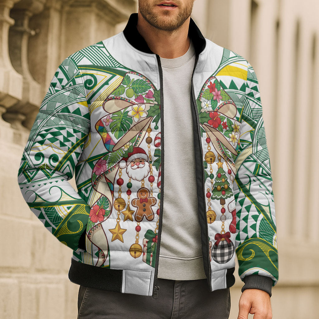 Cook Islands Tīvaevae Christmas Bow Bomber Puffer Jacket Gold Green Kuki Tribal Pattern LT9 - Polynesian Pride