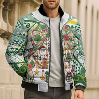 Cook Islands Tīvaevae Christmas Bow Bomber Puffer Jacket Gold Green Kuki Tribal Pattern LT9 - Polynesian Pride
