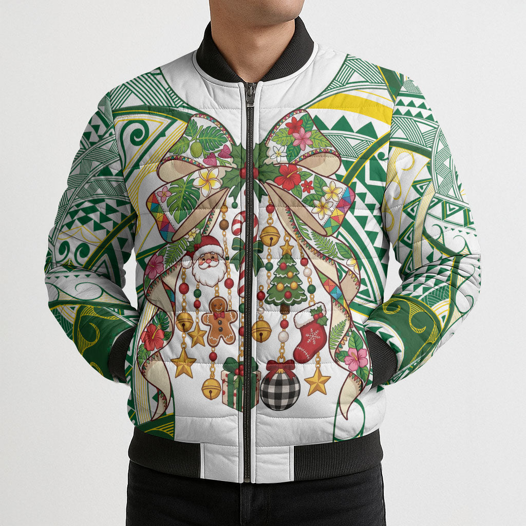 Cook Islands Tīvaevae Christmas Bow Bomber Puffer Jacket Gold Green Kuki Tribal Pattern LT9 - Polynesian Pride