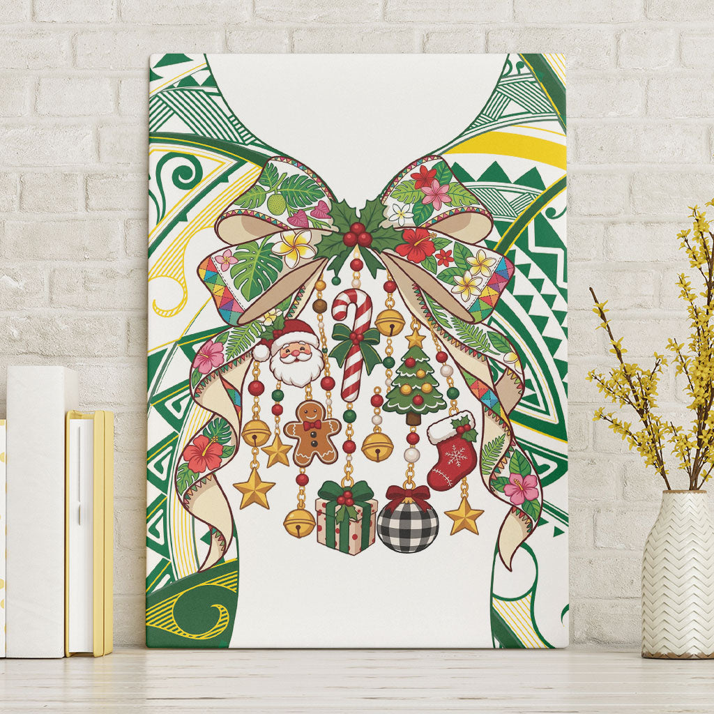 Cook Islands Tīvaevae Christmas Bow Canvas Wall Art Gold Green Kuki Tribal Pattern LT9 Without Frame White - Polynesian Pride