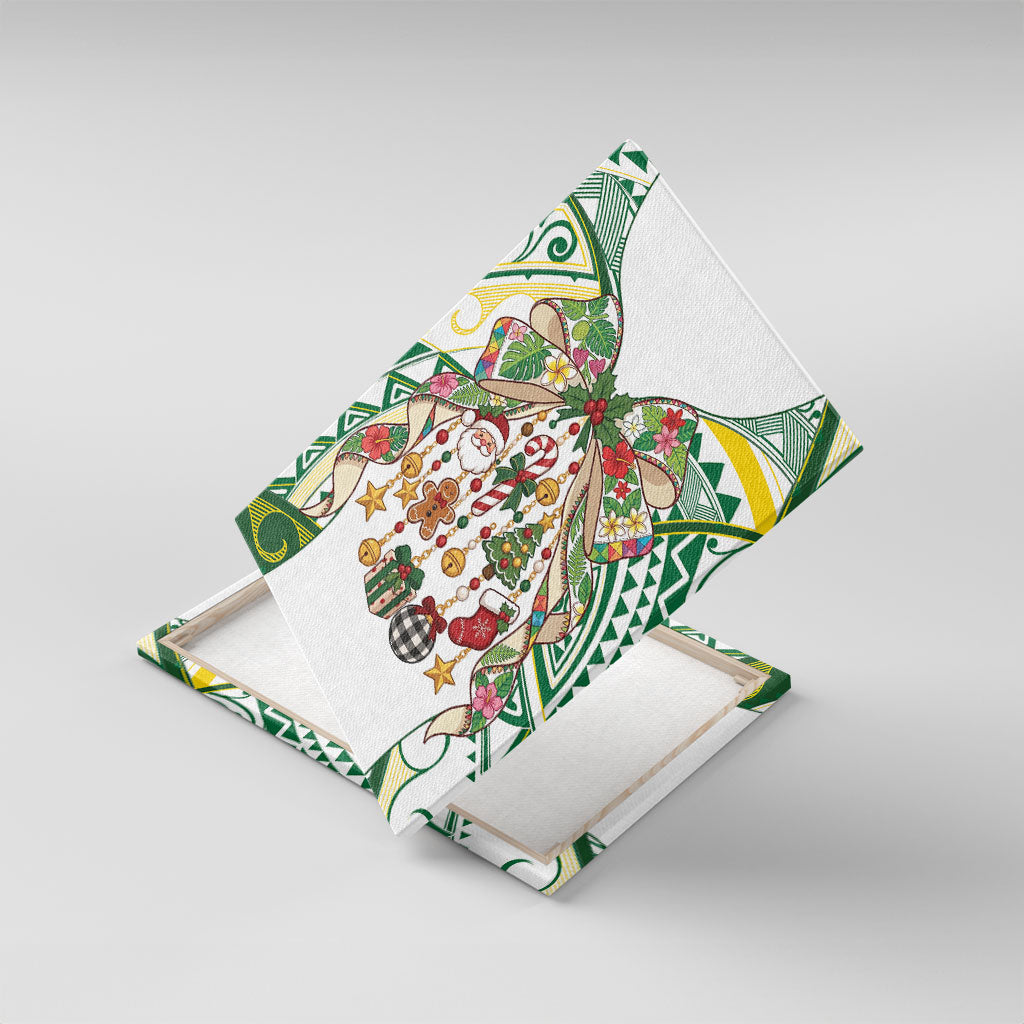 Cook Islands Tīvaevae Christmas Bow Canvas Wall Art Gold Green Kuki Tribal Pattern LT9 With Frame White - Polynesian Pride