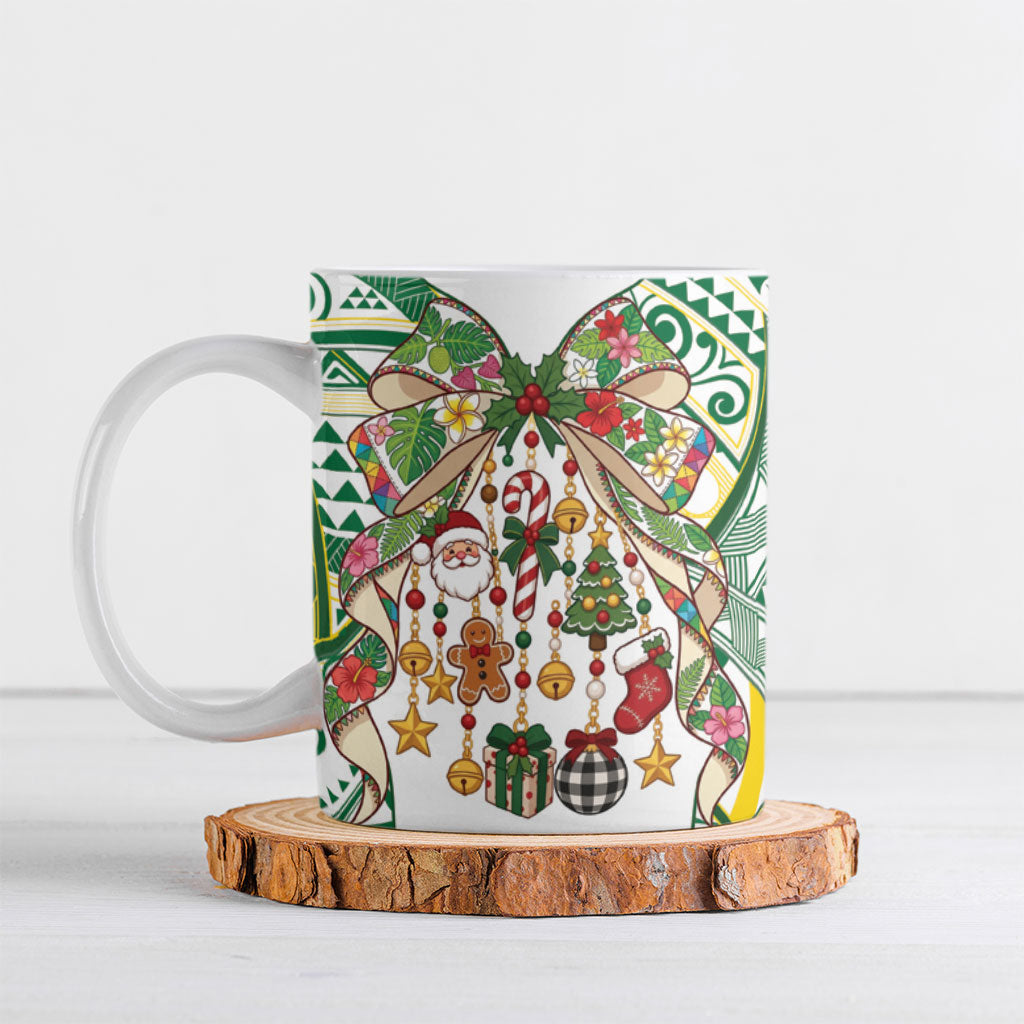 Cook Islands Tīvaevae Christmas Bow Ceramic Mug Gold Green Kuki Tribal Pattern LT9 White - Polynesian Pride