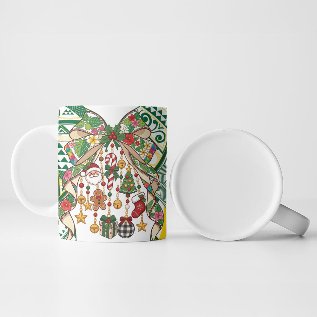Cook Islands Tīvaevae Christmas Bow Ceramic Mug Gold Green Kuki Tribal Pattern LT9 - Polynesian Pride