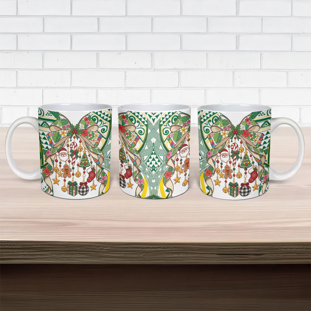 Cook Islands Tīvaevae Christmas Bow Ceramic Mug Gold Green Kuki Tribal Pattern LT9 - Polynesian Pride
