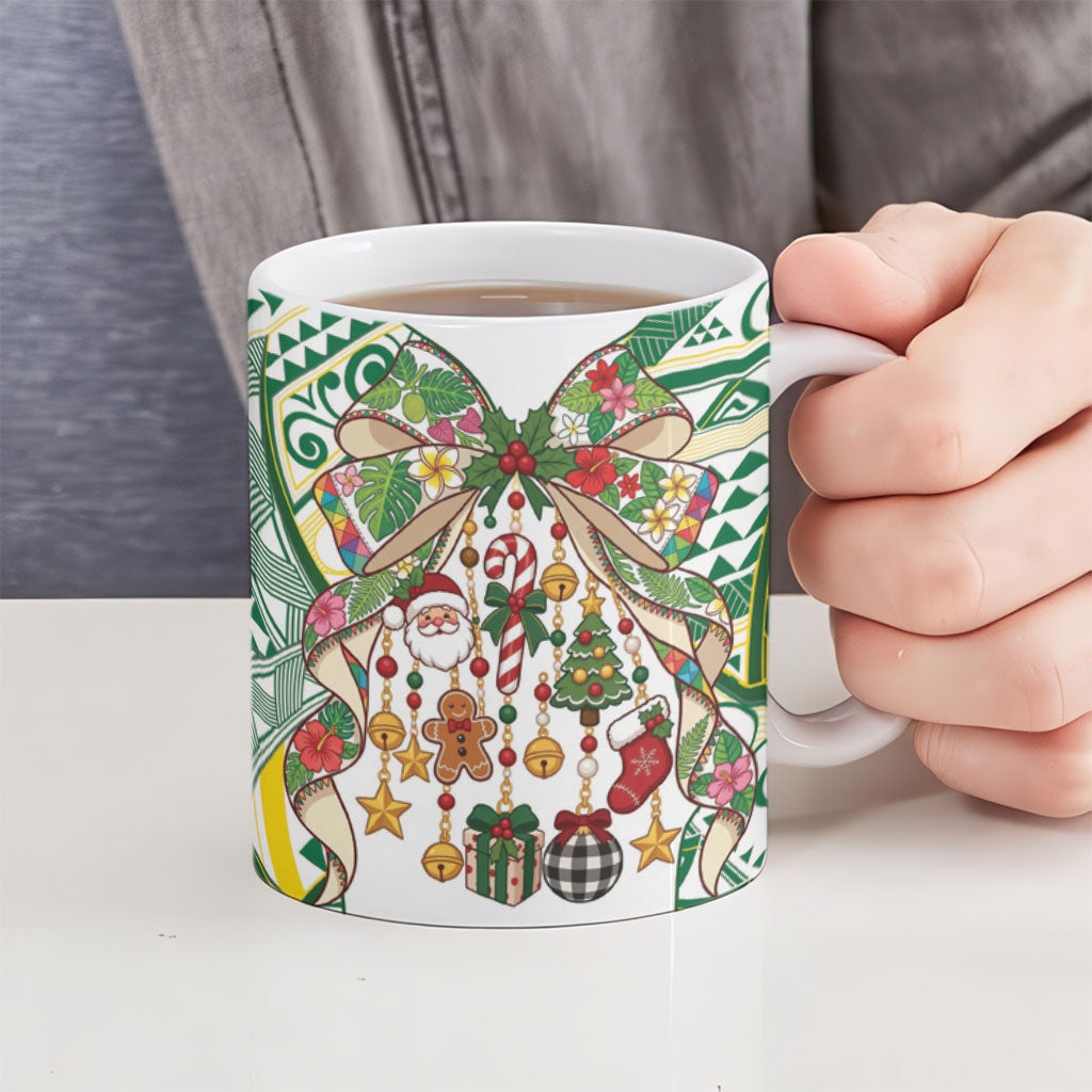 Cook Islands Tīvaevae Christmas Bow Ceramic Mug Gold Green Kuki Tribal Pattern LT9 - Polynesian Pride